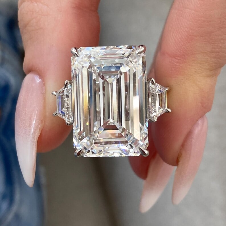 Certified 20 Carat 14KT Solid White Gold Lab Grown Diamond Emerald Cut Engagement Ring - 4