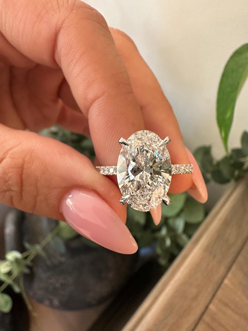 Certified 10 Carat 14KT Solid White Gold Lab Grown Diamond Oval Cut Engagement Ring: Certified 10 Carat 14KT Solid White Gold D VVS1 Lab Grown Diamond Oval Cut Engagement Ring - Side Stone is Lab Grown Diamonds Round Cut 0.50 Ct VS1 E - Ring Szie US - 6 - Ring resize free of cost