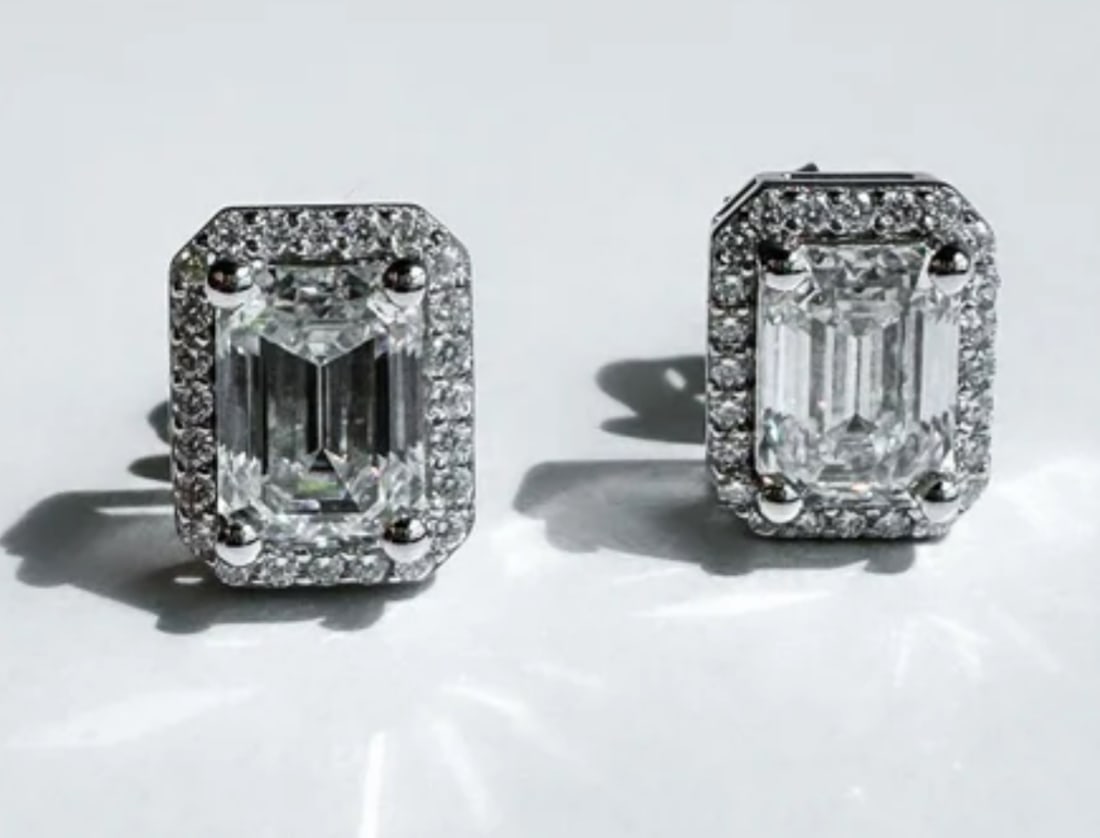 Certified 7.00 Carat Emerald Cut Lab Grown Diamond D VVS1 Color 14kt Solid White Gold Earrings: Certified 7.00 Carat Emerald Cut Lab Grown Diamond D VVS1 Color 14kt Solid White Gold Earrings - Side Stone 0.60 ct