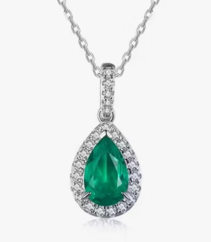 Certified 5.00 Ct Pear Cut Lab Grown Emerald 14kt Solid White Gold Pendant: Certified 5.00 Ct Pear Cut Lab Grown Emerald 14kt Solid White Gold Pendant - Side Stone Lab Grown Diamonds 0.70 CT Round Cut VS1 E Color