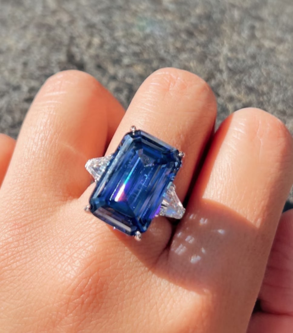 Certified 15 Carat Emerald Cut Blue Lab Grown Sapphire & Lab Grown Diamond 14kt Solid White Gold: Certified 15 Carat Emerald Cut Lab Grown Sapphire & Lab Grown Diamonds 14kt Solid White Gold Engagement Ring - Side Stone Lab Grown Diamonds 0.80 CT Fancy Cut VS1 E Color - Ring Size US 6.5