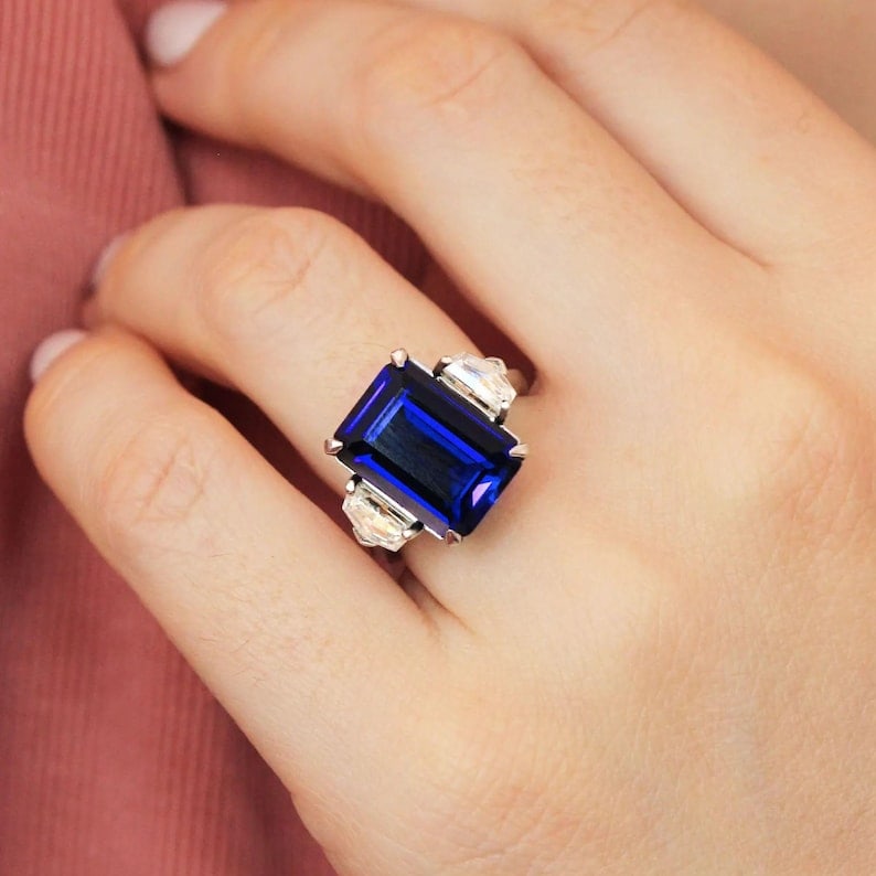 Certified 10 Carat Emerald Cut Blue Lab Grown Sapphire & Lab Grown Diamond 14kt Solid White Gold: Certified 10 Carat Emerald Cut Blue Lab Grown Sapphire & Lab Grown Diamonds 14kt Solid White Gold Engagement Ring -Side Stone Lab Grown Diamonds 0.60 CT Fancy Cut VS1 E Color - Ring Size US 7