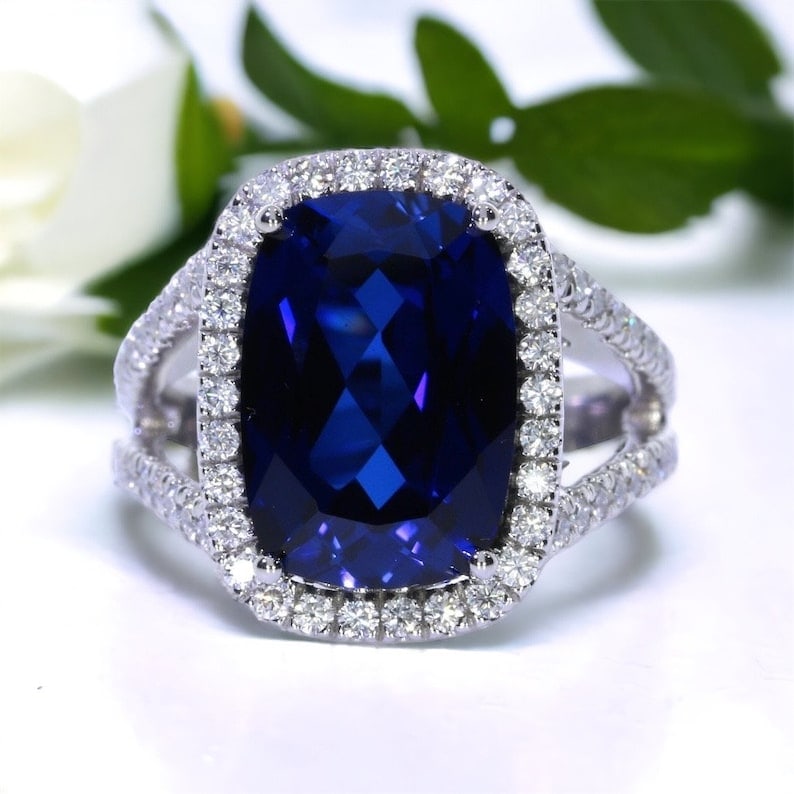 Certified 14 Carat Long Cushion Cut Lab Grown Sapphire & Lab Grown Diamond 14kt Solid White Gold: Certified 14 Carat Long Cushion Cut Lab Grown Sapphire & Lab Grown Diamonds 14kt Solid White Gold Engagement Ring - Side Stone Lab Grown Diamonds 0.70 CT Round Cut VS1 E Color - Ring Size US 6.5