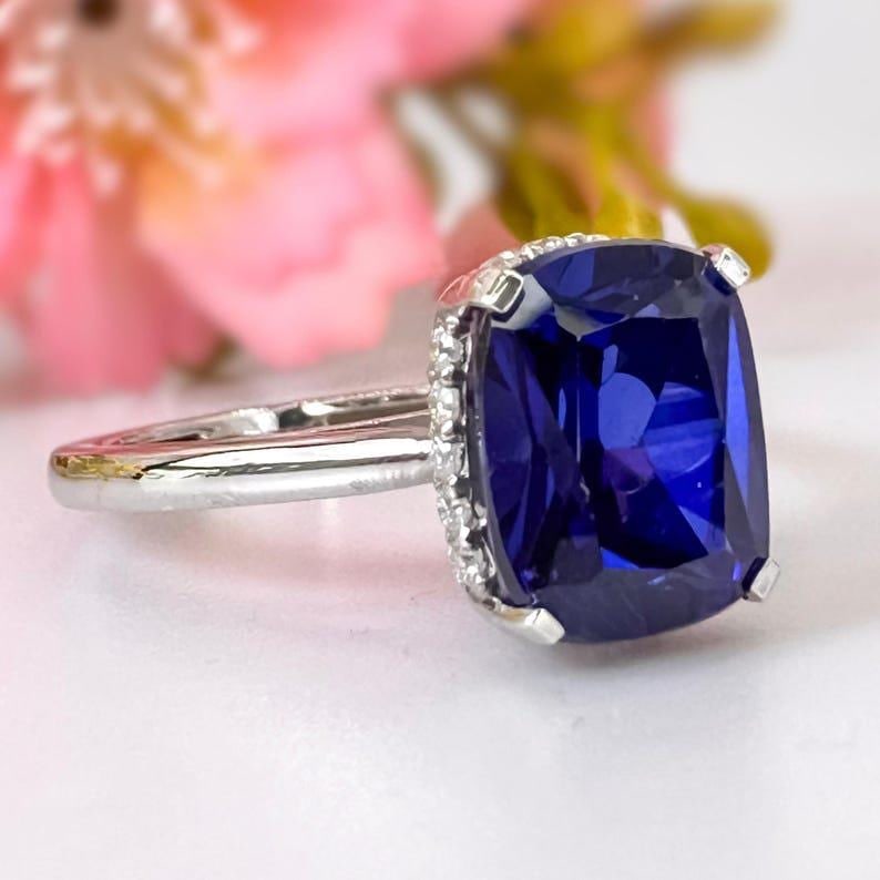 Certified 10 Carat Long Cushion Cut Lab Grown Sapphire & Lab Grown Diamond 14kt Solid White Gold: Certified 10 Carat Long Cushion Cut Lab Grown Sapphire & Lab Grown Diamonds 14kt Solid White Gold Engagement Ring -Side Stone Lab Grown Diamonds 0.30 CT Round Cut VS1 E Color - Ring Size US 7