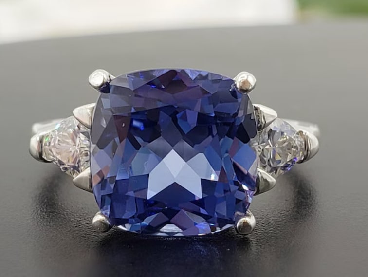 Certified 10 Carat Cushion Cut Lab Grown Sapphire & Lab Grown Diamond 14kt Solid White Gold: Certified 10 Carat Cushion Cut Lab Grown Sapphire & Lab Grown Diamonds 14kt Solid White Gold Engagement Ring - Side Stone Lab Grown Diamonds 0.80 CT Fancy Cut VS1 E Color - Ring Size US 7