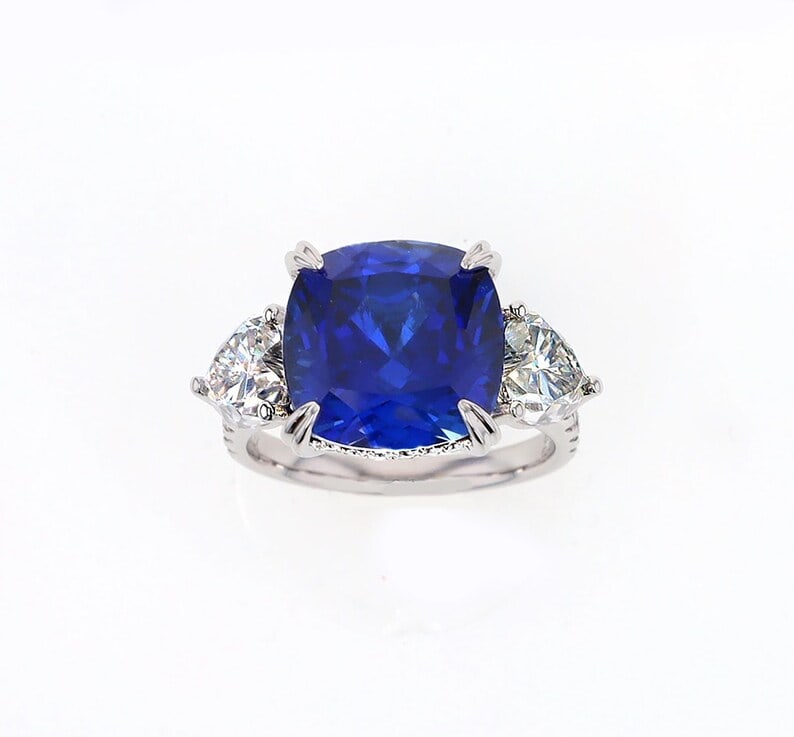 Certified 10.5 Carat Cushion Cut Lab Grown Sapphire & Lab Grown Diamond 14kt Solid White Gold: Certified 10.5 Carat Cushion Cut Lab Grown Sapphire & Lab Grown Diamonds 14kt Solid White Gold Engagement Ring - Side Stone Lab Grown Diamonds 0.80 CT Fancy Cut VS1 E Color - Ring Size US 7