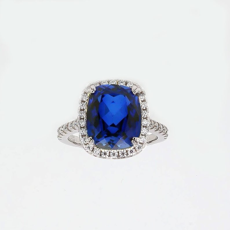 Certified 8.5 Carat Long Cushion Cut Lab Grown Sapphire & Lab Grown Diamond 14kt Solid White Gold: Certified 8.5 Carat Long Cushion Cut Lab Grown Sapphire & Lab Grown Diamonds 14kt Solid White Gold Engagement Ring - Side Stone Lab Grown Diamonds 0.60 CT Round Cut VS1 E Color - Ring Size US 7