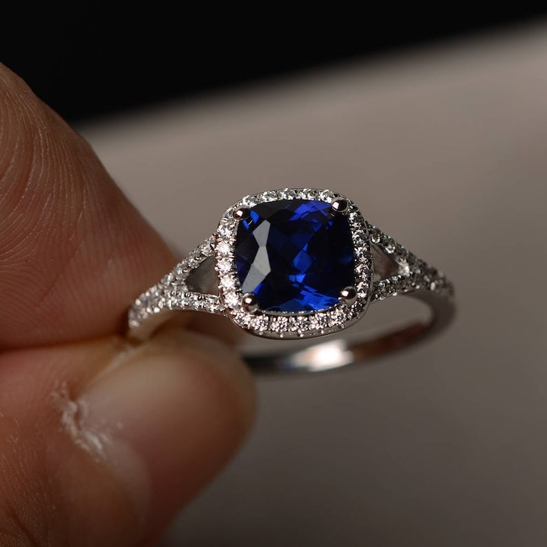 Certified 4 Carat Cushion Cut Lab Grown Sapphire & Lab Grown Diamond 14kt Solid White Gold: Certified 4 Carat Cushion Cut Lab Grown Sapphire & Lab Grown Diamonds 14kt Solid White Gold Engagement Ring - Side Stone Lab Grown Diamonds 0.40 CT Round Cut VS1 E Color - Ring Size US 6
