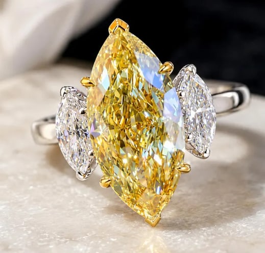 Certified 3 Carat Marquise Cut Yellow VVS1 Lab Grown Diamond 14kt Solid White Gold Engagement Ring: Certified 3 Carat Marquise Cut Yellow VVS1 Lab Grown Diamond 14kt Solid White Gold Engagement Ring - Side Stone Lab Grown Diamonds 0.60 CT Marquise Cut VS1 E Color - Ring Size US 6
