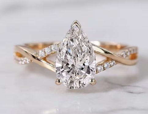Certified 2.5 Ct Pear Cut D VVS1 Lab Grown Diamond 14kt Solid Rose Engagement Ring: Certified 2.5 Ct Pear Cut D VVS1 Lab Grown Diamond 14kt Solid Rose Engagement Ring - Side Stone Lab Grown Diamonds 0.30 CT Round Cut VS1 E Color - Ring Size US 6 .5