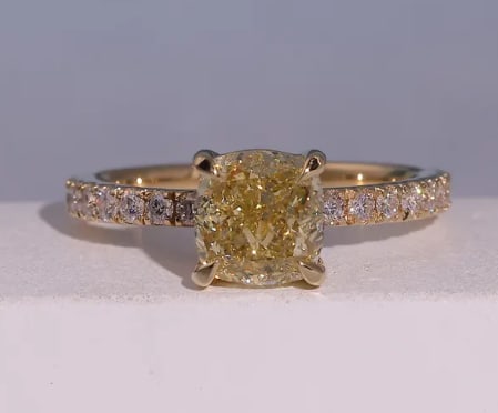 Certified 2 Ct Cushion Cut Yellow VVS1 Lab Grown Diamond 14kt Solid Rose Engagement Ring: Certified 2 Ct Cushion Cut Yellow VVS1 Lab Grown Diamond 14kt Solid Rose Engagement Ring - Side Stone Lab Grown Diamonds 0.50 CT Round Cut VS1 E Color - Ring Size - US 6
