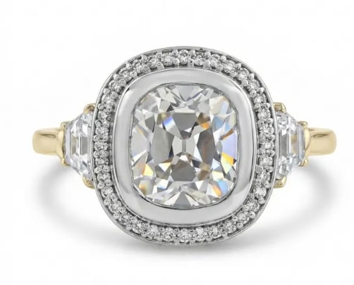 Certified 3 Ct Cushion Old Mine Cut D VVS1 Lab Grown Diamond 14kt Solid Yellow Engagement Ring: Certified 3 Ct Cushion Old Mine Cut D VVS1 Lab Grown Diamond 14kt Solid Yellow Engagement Ring - Side Stone Lab Grown Diamonds 0.50 CT Round Cut & Fancy Cut VS1 E Color - Ring Size US 6