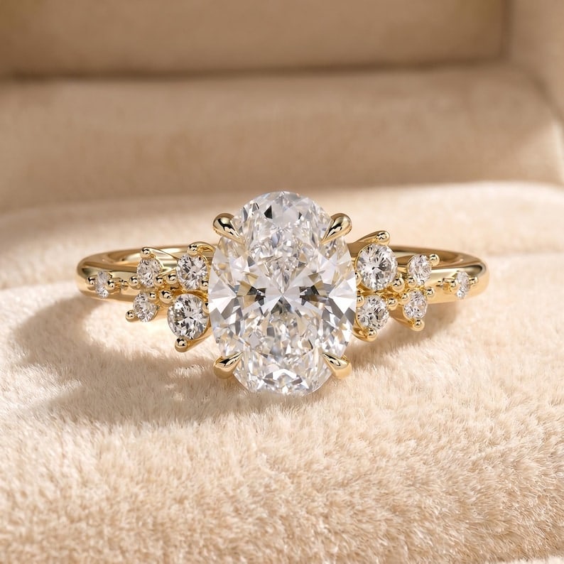 5.00 Carat Oval Cut Certified D VVS1 Lab Grown Diamond in 14KT Solid Yellow Gold Engagement Ring: 5.00 Carat Oval Cut Certified D VVS1 Lab Grown Diamond in 14KT Solid Yellow Gold Engagement Ring - Side Stone Lab Grown Diamonds VVS1 D color Round cut 0.60 ct - Excellent Luster - Ring Size US 7