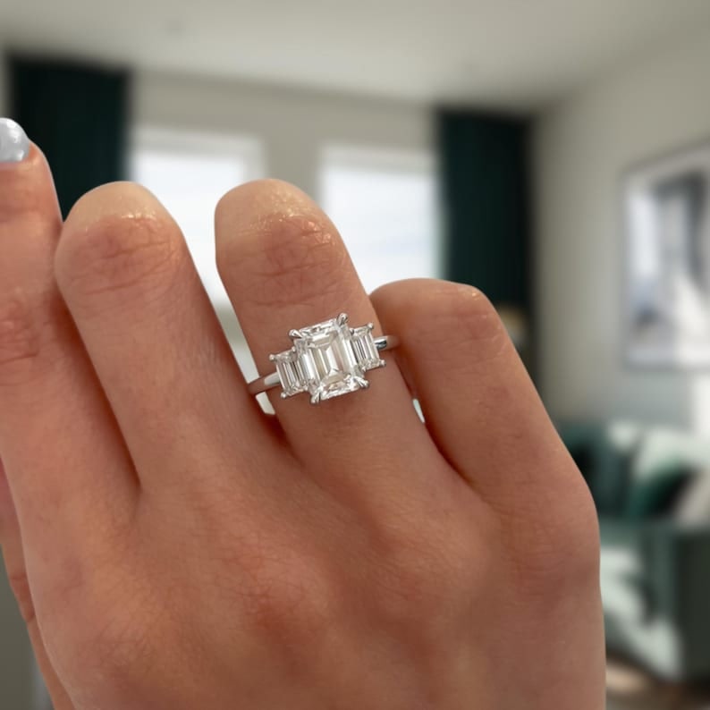 3.00 Carat Emerald Cut Certified D VVS1 Three Stone Lab Grown Diamond in 14KT Solid White Gold: 3.00 Carat Emerald Cut Certified D VVS1 Three Stone Lab Grown Diamond in 14KT Solid White Gold Engagement Ring - Side Stone Lab Grown Diamonds VVS1 D color Emerald cut 1.00 ct - Excellent Luster -& Fr
