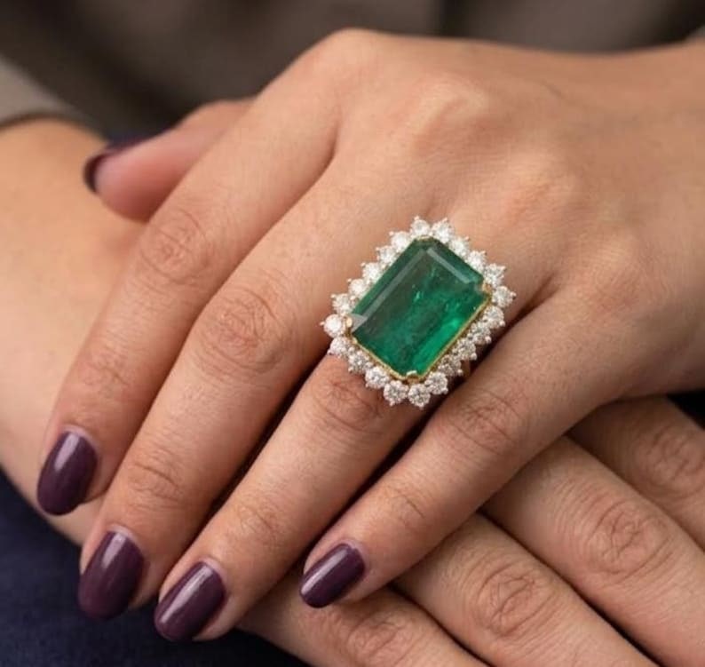 12.00 Carat Emerald Cut Certified Lab Grown Green Emerald in 14KT Solid Yellow Gold Engagement Ring: 12.00 Carat Emerald Cut Certified Lab Grown Green Emerald in 14KT Solid Yellow Gold Engagement Ring - Side Stone Lab Grown Diamonds VVS1 D color Round cut 0.30 ct - Excellent Luster -& Free Shipping -