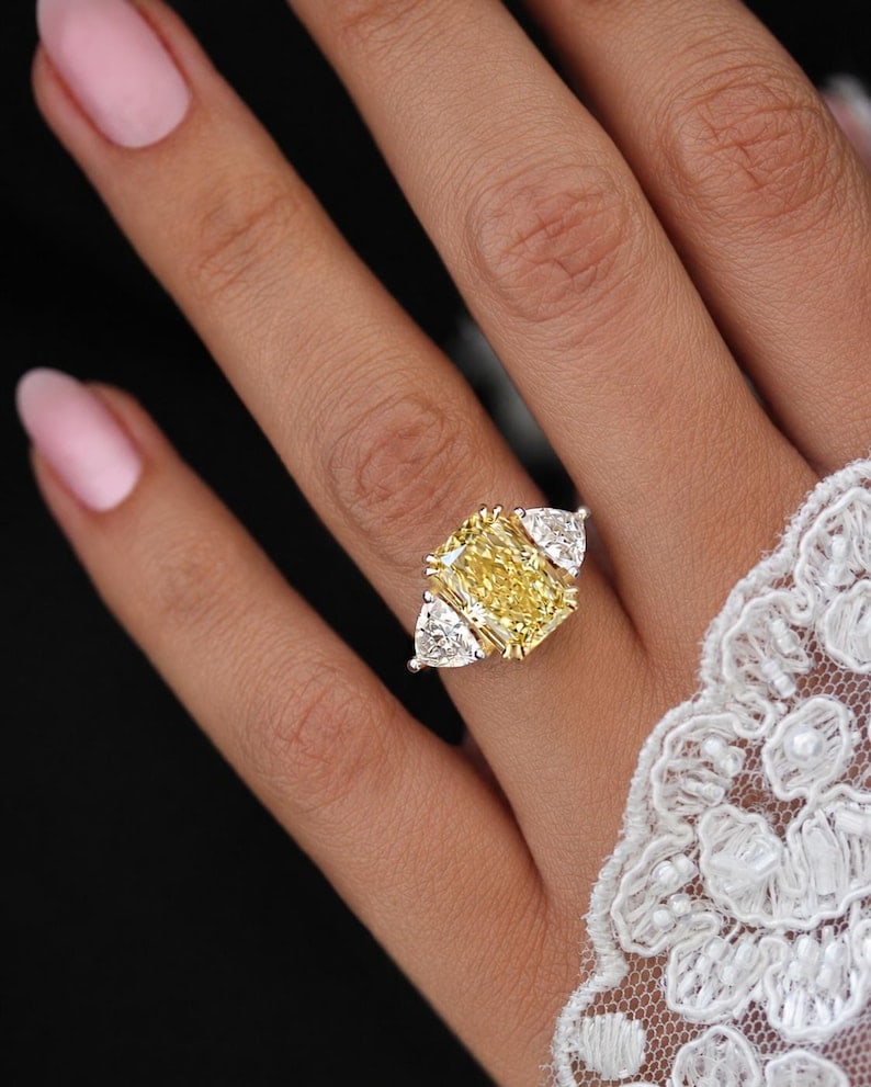 5.00 Carat Radiant Cut Certified VVS1 Yellow Lab Grown Diamond in 14KT Solid White Gold: 5.00 Carat Radiant Cut Certified VVS1 Yellow Lab Grown Diamond in 14KT Solid White Gold Engagement Ring -Side Stone Lab Grown Diamonds VVS1 D color Fancy cut 1.00 ct - Excellent Luster -& Free Shippin