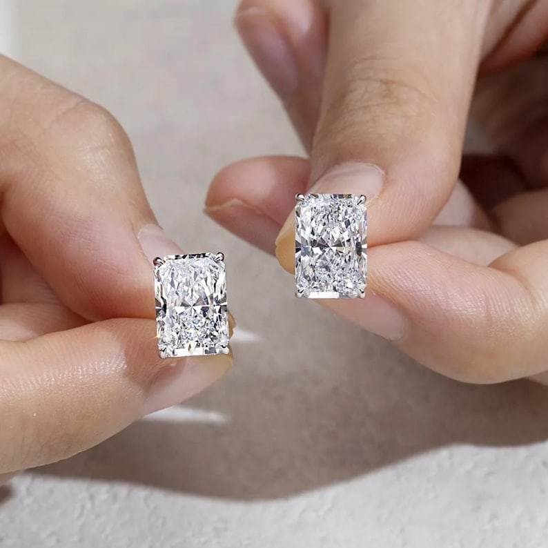6.00 Carat Radiant Cut Certified D VVS1 Lab Grown Diamond in 14KT Solid White Gold Earrings: 6.00 Carat Radiant Cut Certified D VVS1 Lab Grown Diamond in 14KT Solid White Gold Earrings - Excellent Luster -& Free Shipping -