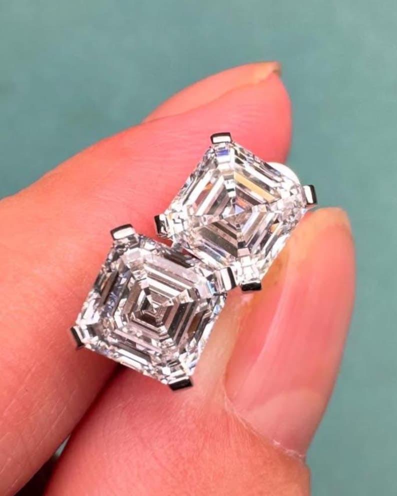 5.00 Carat Asscher Cut Certified D VVS1 Lab Grown Diamond in 14KT Solid White Gold Earrings: 5.00 Carat Asscher Cut Certified D VVS1 Lab Grown Diamond in 14KT Solid White Gold Earrings - Excellent Luster -& Free Shipping -