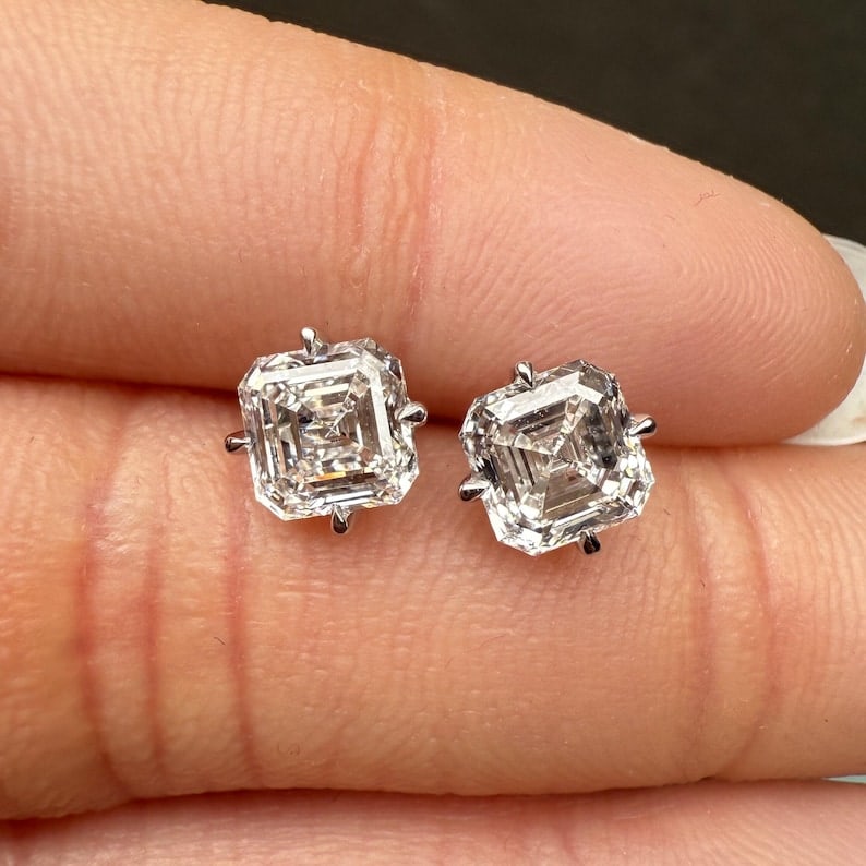 6.00 Carat Asscher Cut Certified D VVS1 Lab Grown Diamond in 14KT Solid White Gold Earrings: 6.00 Carat Asscher Cut Certified D VVS1 Lab Grown Diamond in 14KT Solid White Gold Earrings - Excellent Luster -& Free Shipping -