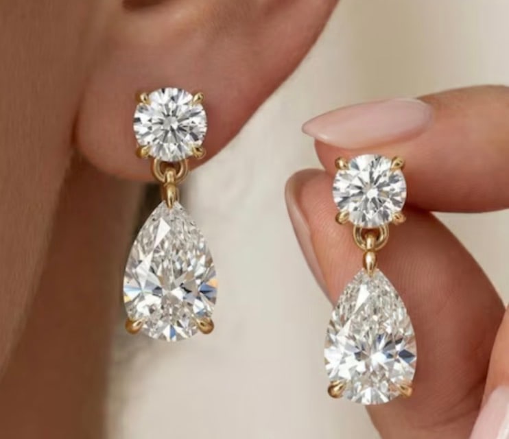 5.00 Carat Round & Pear Cut Certified D VVS1 Lab Grown Diamond in 14KT Solid Rose Gold Earrings: 5.00 Carat Round & Pear Cut Certified D VVS1 Lab Grown Diamond in 14KT Solid Rose Gold Earrings - Excellent Luster -& Free Shipping -