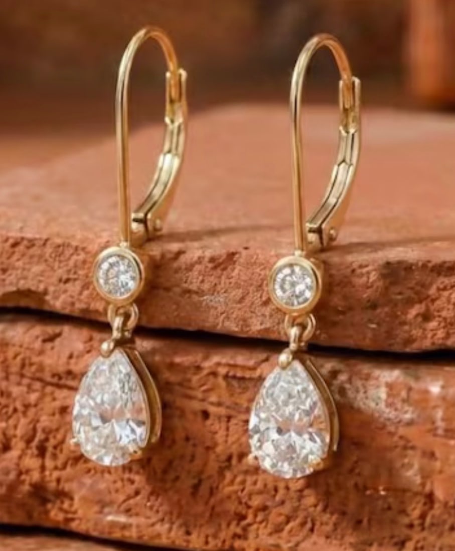 3.00 Carat Round & Pear Cut Certified D VVS1 Lab Grown Diamond in 14KT Solid Yellow Gold Earrings: 3.00 Carat Round & Pear Cut Certified D VVS1 Lab Grown Diamond in 14KT Solid Yellow Gold Earrings - Excellent Luster -& Free Shipping -