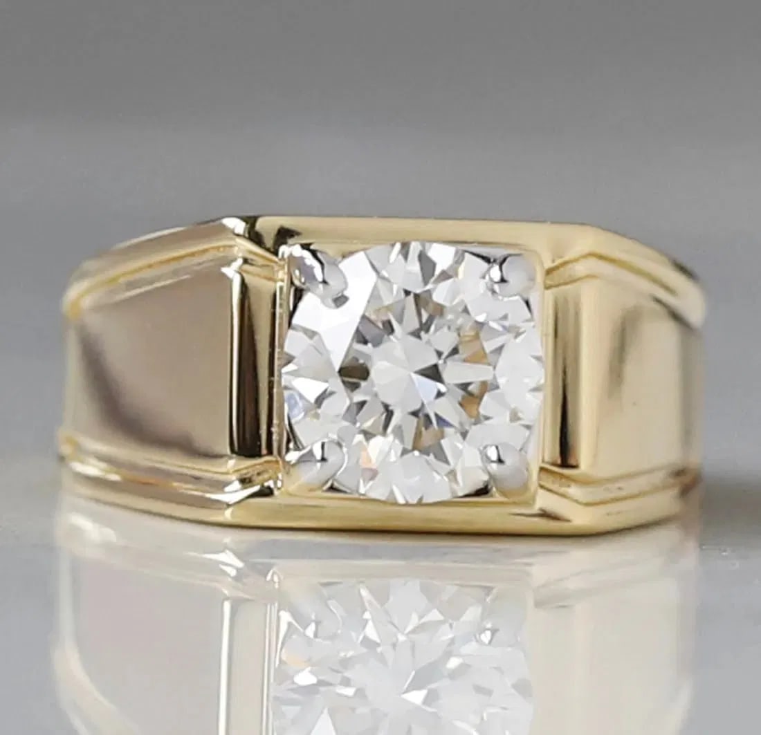 5 Ct Certified D VVS1 Lab Grown Diamond in 14KT Solid Yellow Gold Men's Ring: 5.00 Carat Round Cut Certified D VVS1 Lab Grown Diamond in 14KT Solid Yellow Gold Engagement Ring Men's Ring - Excellent Luster - Ring Size US 7