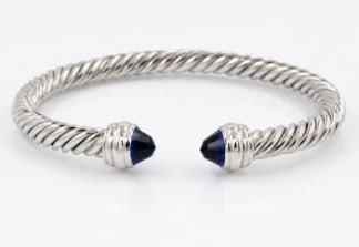 Certified 925 Sterling Silver 8 CT Lab Grown Blue Sapphire Bangle - 7 inch: Certified 925 Sterling Silver 8 CT Lab Grown Blue Sapphire Bangle - 7 inch