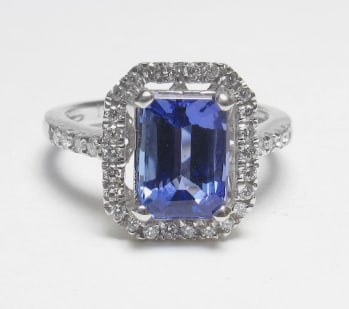 3.00 Carat Emerald Cut Certified Natural Tanzanite & Natural Diamonds 14KT Solid White Gold: 3.00 Carat Emerald Cut Certified Natural Tanzanite & Natural Diamonds 14KT Solid White Gold Engagement Ring - Side Stone Real Diamonds SI1 - H Color Round Cut 0.30 ct - Ring Size US 7