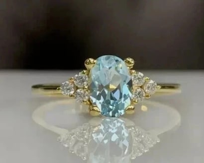 3.00 CT Oval Cut Certified Natural Aquamarine & Natural Diamonds 14KT Solid Yellow Gold Engagement: 3.00 CT Oval Certified Natural Aquamarine & Natural Diamonds 14KT Solid Yellow Gold Engagement Ring - Side Stone Real Diamonds SI1 - H Color Round Cut 0.30 ct - Ring Size US 6