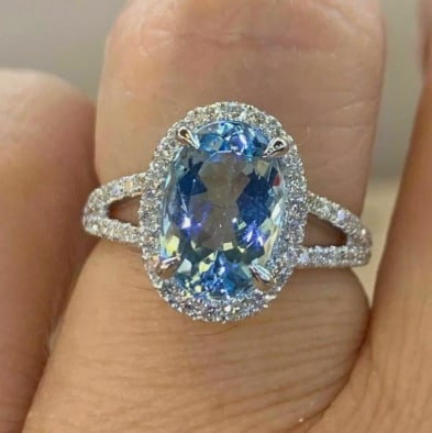 5.00 CT Oval Cut Certified Natural Aquamarine & Natural Diamonds 14KT Solid White Gold Engagement: 5.00 CT Oval Certified Natural Aquamarine & Natural Diamonds 14KT Solid White Gold Engagement Ring - Side Stone Real Diamonds SI1 - H Color Round Cut 0.30 ct - Ring Size US 6.5