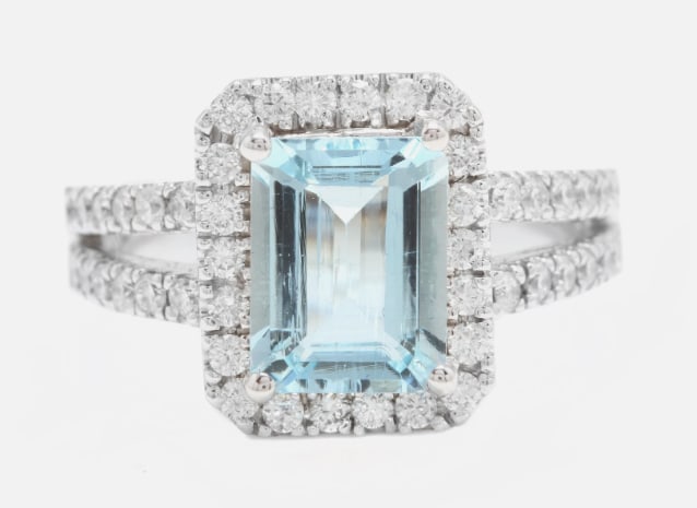 4.00 CT Emerald Cut Certified Natural Aquamarine & Natural Diamonds 14KT Solid White Gold: 4.00 CT Emerald Cut Certified Natural Aquamarine & Natural Diamonds 14KT Solid White Gold Engagement Ring - Side Stone Real Diamonds SI1 - H Color Round Cut 0.40 ct - Ring Size US 6