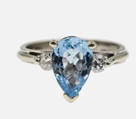 3.5 CT Pear Cut Certified Natural Aquamarine & Natural Diamonds 14KT Solid White Gold Engagement: 3.5 CT Pear Cut Certified Natural Aquamarine & Natural Diamonds 14KT Solid White Gold Engagement Ring - Side Stone Real Diamonds SI1 - H Color Round Cut 0.30 ct - Ring Size US 7
