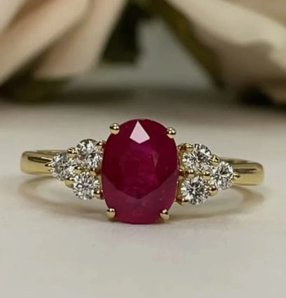 3.5 CT Oval Cut Certified Natural Ruby & Natural Diamonds 14KT Solid Yellow Gold Engagement Ring (1 of 3)