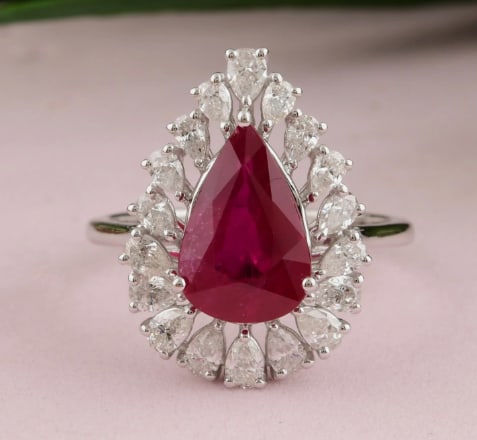 2.80 CT Pear Cut Certified Natural Ruby & Natural Diamonds 14KT Solid White Gold Engagement Ring (1 of 3)