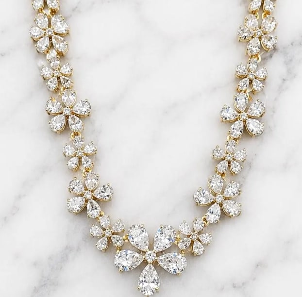 Certified 12.00 Carat Lab Grown Diamond Floral Necklace D VVS1 in 14K yellow Gold | Pear Cut: 12.00 Carat Lab Grown Diamond Floral Necklace D VVS1 in 14K yellow Gold | Pear Cut Flower Bridal Wedding Statement Necklace 16 Inch