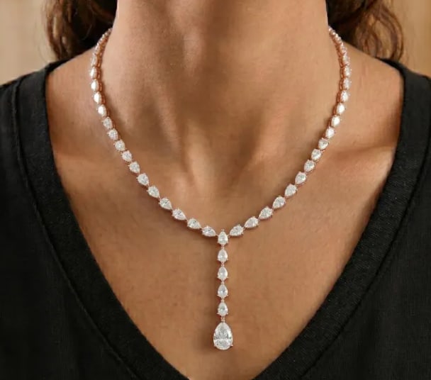 Certified 15.00 Carat Pear Cut Lab Grown Diamond Y-Drop Lariat Necklace in 14K Yellow Gold | D VVS1: 15.00 Carat Pear Cut Lab Grown Diamond Y-Drop Lariat Necklace in 14K Yellow Gold | D VVS1 Bridal Wedding Jewelry 18 Inch