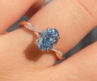 Certified 3.00 Carat Oval Blue VVS1 Lab Grown Diamond Engagement Ring in 14K Rose Gold | Pavé: 3.00 Carat Oval Blue VVS1 Lab Grown Diamond Engagement Ring in 14K Rose Gold | Pavé Diamond Band | Luxury Promise Ring | Side Stone Lab Grown Diamonds VVS1 D Color Round Cut 0.30 ct - Ring Size US 6