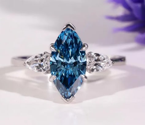 Certified 4.00 Ct Marquise Fancy Vivid Blue VVS1 Lab Grown Diamond Ring | VVS1 | Three Stone | White: 4.00 Ct Marquise Fancy Vivid Blue VVS1 Lab Grown Diamond Ring | VVS1 | Three Stone | White Gold Ring Side Stone Lab Grown Diamonds VVS1 D Color Pear Cut 0.40 ct - Ring Size US 7