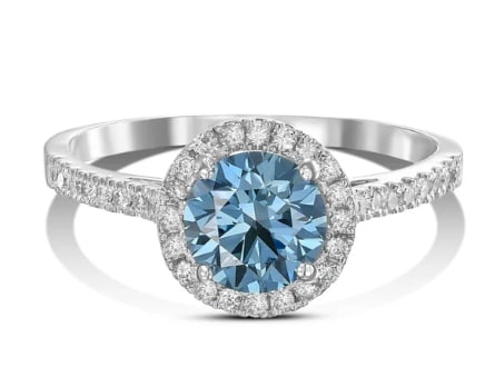 Certified 1.50 Ct Round Brilliant Fancy Blue VVS1 Lab Grown Diamond 14k White Gold Halo Engagement: 1.50 Ct Round Brilliant Fancy Blue VVS1 Lab Grown Diamond Halo Engagement Ring | VVS1 | White Gold | Pavé Band Side Stone Lab Grown Diamonds VVS1 D Color Round Cut 0.30 ct - Ring Size US 7