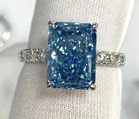 Certified 5.00 Carat Radiant Cut Blue VVS1 Lab Grown Diamond Engagement Ring in 14K White Gold Ring: 5.00 Radiant Cut Blue VVS1 Lab Grown Diamond Engagement Ring in 14K White Gold Ring | Pavé Diamond Band | Luxury Promise Ring | Side Stone Lab Grown Diamonds VVS1 D Color Round Cut 0.20 ct - Ring Siz