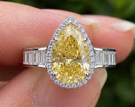Certified 4.50 Ct Pear Canary Fancy Yellow Lab Grown Diamond Ring | VVS1 | Halo Baguette | White: 4.50 Ct Pear Canary Fancy Yellow Lab Grown Diamond Ring | VVS1 | Halo Baguette | White Gold Ring | Side Stone Lab Grown Diamonds VVS1 D Color Fancy Cut 1.00 ct - Ring Size US 6