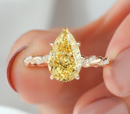 Certified 3.00 Ct Pear Canary Fancy Yellow Lab Grown Diamond Ring | VVS1 Rose Gold Ring: 3.00 Carat Pear Cut Yellow VVS1 Lab Grown Diamond Engagement Ring in 14K Rose Gold | Pavé Diamond Band | Luxury Promise Ring | Side Stone Lab Grown Diamonds VVS1 D Color Round Cut 0.25 ct - Ring Size