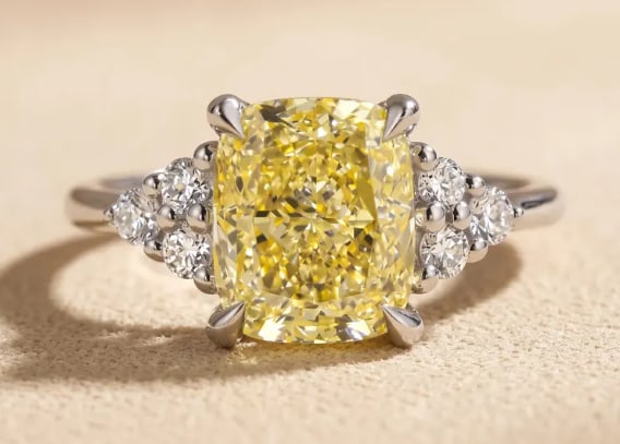 Certified 4.50 Ct Radiant Cut Yellow Lab Grown Diamond Ring | VVS1 14k White Gold Ring: 4.00 Carat Radiant Cut Yellow Lab Grown Diamond Engagement Ring in 14K White Gold|VVS1 | Luxury Promise Ring | Side Stone Lab Grown Diamonds VVS1 D Color Round Cut 0.60 ct - Ring Size US 7
