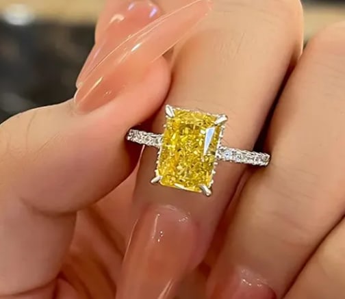 Certified 4.50 Ct Radiant Cut Yellow Lab Grown Diamond Ring | VVS1 14k White Gold Ring: 4.50 Carat Radiant Cut Yellow Lab Grown Diamond Engagement Ring in 14K White Gold|VVS1 | Luxury Promise Ring | Side Stone Lab Grown Diamonds VVS1 D Color Round Cut 0.30 ct - Ring Size US 6.5