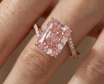 Certified 5.00 Carat Radiant Cut Pink VVS1 Lab Grown Diamond Engagement Ring in 14K Rose Gold Ring |: 5.00 Carat Radiant Cut Pink VVS1 Lab Grown Diamond Engagement Ring in 14K Rose Gold Ring | Pavé Diamond Band | Luxury Promise Ring | Side Stone Lab Grown Diamonds VVS1 D Color Round Cut 0.30 ct - Rin