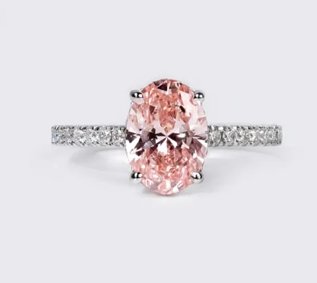Certified 2.5 Carat Oval Cut Pink VVS1 Lab Grown Diamond Engagement Ring in 14K White Gold Ring: 2.5 Carat Oval Cut Pink VVS1 Lab Grown Diamond Engagement Ring in 14K White Gold Ring | Luxury Promise Ring | Side Stone Lab Grown Diamonds VVS1 D Color Round Cut 0.20 ct - Ring Size US 7