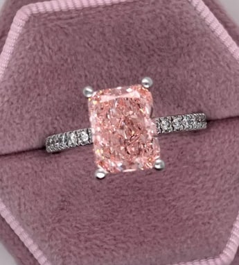Certified 2.5 Carat Radiant Cut Pink VVS1 Lab Grown Diamond Engagement Ring in 14K White Gold Ring |: 2.50 Carat Radiant Cut Pink VVS1 Lab Grown Diamond Engagement Ring in 14K White Gold Ring | Pavé Diamond Band | Luxury Promise Ring | Side Stone Lab Grown Diamonds VVS1 D Color Round Cut 0.20 ct - Ri