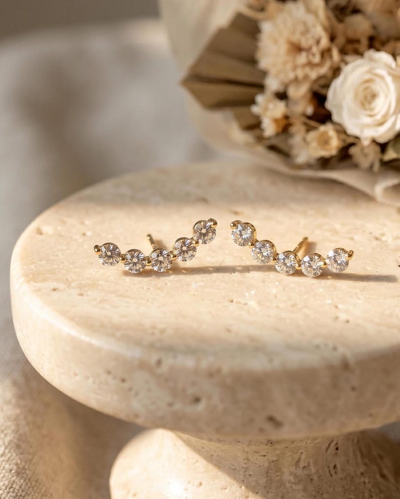 Certified 1.00 Carat Round Cut D VVS1 Lab Grown Diamond 14K Yellow Gold Climber Earrings: 1.00 Carat Round Cut D VVS1 Lab Grown Diamond 14K Yellow Gold Climber Earrings