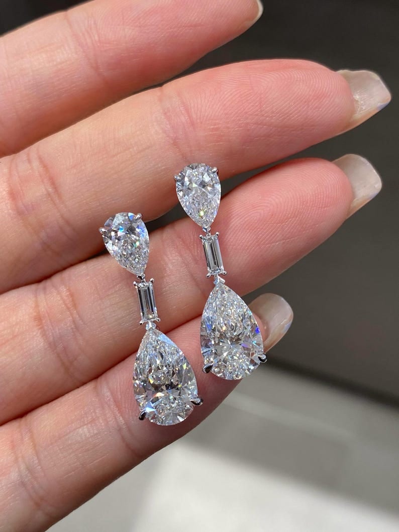 Certified 12.00 Carat Pear Cut D VVS1 Lab Grown Diamond 14K White Gold Drop Earrings: 12.00 Carat Pear Cut D VVS1 Lab Grown Diamond 14K White Gold Drop Earrings