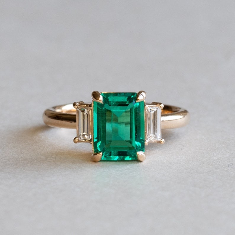 Certified 5.00 Carat Lab Grown Emerald Engagement Ring in 14K Yellow Gold Three Stone Ring |: 5.00 Carat Lab Grown Emerald Engagement Ring in 14K Yellow Gold Three Stone Ring | Luxury Promise Ring |Side Stone Lab Grown Diamonds VVS1 D Color Fancy Cut 1.00 ct - Ring Size US 7